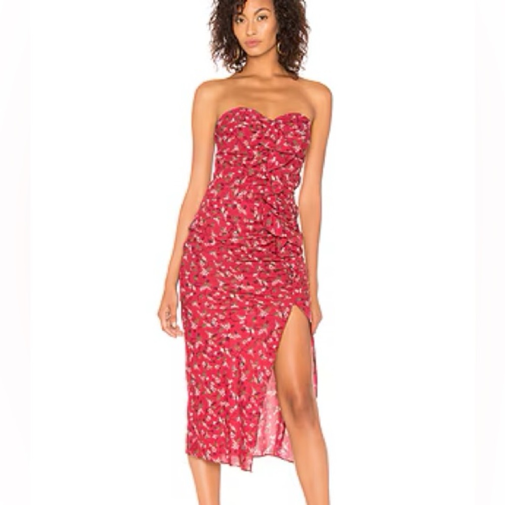 LIKELY Ali Strapless Ruffle Red Floral Midi Dress Size 6